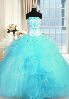 Decent Tulle Strapless Sleeveless Lace Up Pick Ups and Hand Made Flower Vestidos de Quinceanera in Aqua Blue