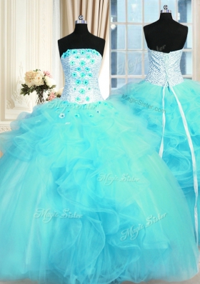 Decent Tulle Strapless Sleeveless Lace Up Pick Ups and Hand Made Flower Vestidos de Quinceanera in Aqua Blue