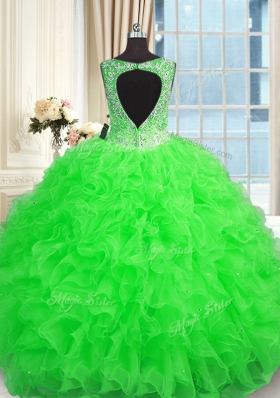 Elegant Green Zipper Quinceanera Dress Beading and Ruffles Sleeveless Floor Length