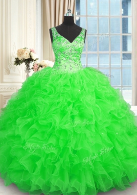 Elegant Green Zipper Quinceanera Dress Beading and Ruffles Sleeveless Floor Length