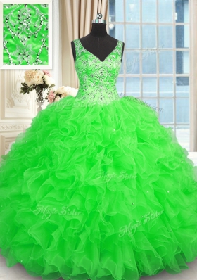 Elegant Green Zipper Quinceanera Dress Beading and Ruffles Sleeveless Floor Length