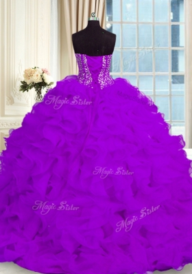 Elegant Sleeveless Organza With Brush Train Lace Up 15th Birthday Dress in Eggplant Purple for with Beading and Ruffles