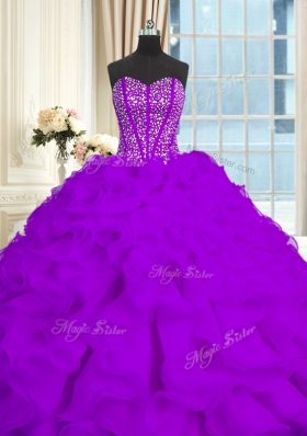 Elegant Sleeveless Organza With Brush Train Lace Up 15th Birthday Dress in Eggplant Purple for with Beading and Ruffles