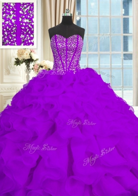 Elegant Sleeveless Organza With Brush Train Lace Up 15th Birthday Dress in Eggplant Purple for with Beading and Ruffles