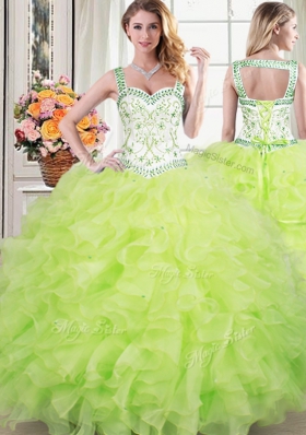 Enchanting Four Piece Straps Straps Sleeveless Lace Up Floor Length Beading and Lace and Ruffles Sweet 16 Quinceanera Dress