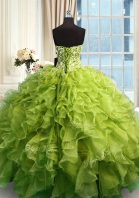 Excellent Olive Green Ball Gowns Organza Sweetheart Sleeveless Beading and Ruffles Floor Length Lace Up Sweet 16 Dress