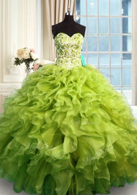 Excellent Olive Green Ball Gowns Organza Sweetheart Sleeveless Beading and Ruffles Floor Length Lace Up Sweet 16 Dress