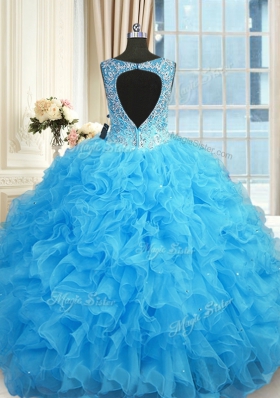 Fantastic Blue Zipper V-neck Beading and Ruffles Quinceanera Gown Organza Sleeveless