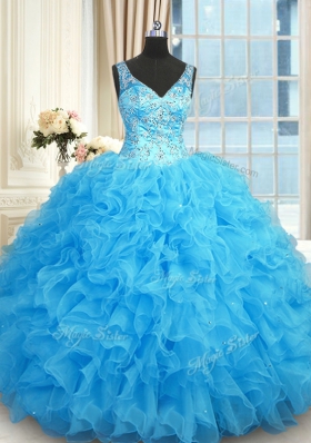 Fantastic Blue Zipper V-neck Beading and Ruffles Quinceanera Gown Organza Sleeveless