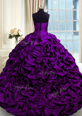 Fine Beading and Appliques and Pick Ups Sweet 16 Dress Purple Lace Up Sleeveless With Brush Train
