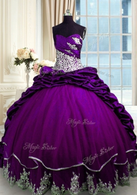 Fine Beading and Appliques and Pick Ups Sweet 16 Dress Purple Lace Up Sleeveless With Brush Train