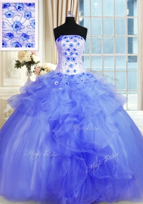 Flirting Floor Length Blue Sweet 16 Dresses Tulle Sleeveless Pick Ups and Hand Made Flower