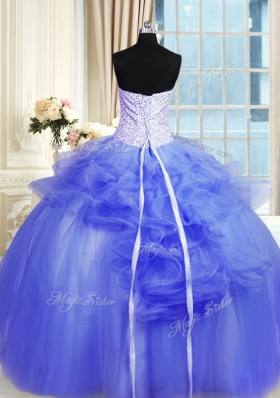 Flirting Floor Length Blue Sweet 16 Dresses Tulle Sleeveless Pick Ups and Hand Made Flower