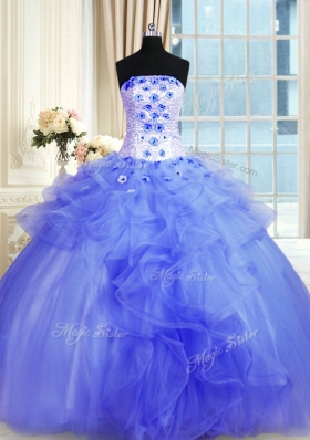 Flirting Floor Length Blue Sweet 16 Dresses Tulle Sleeveless Pick Ups and Hand Made Flower