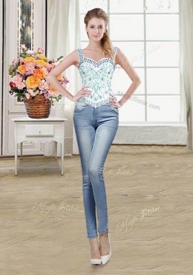 Four Piece Straps Straps Floor Length Lace Up 15th Birthday Dress Aqua Blue and In for Military Ball and Sweet 16 and Quinceanera with Beading and Lace and Ruffles