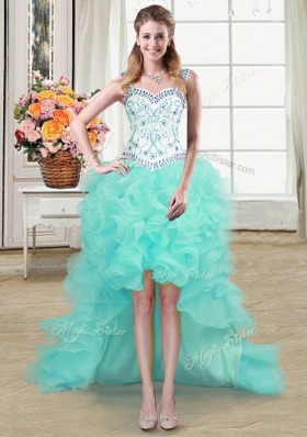 Four Piece Straps Straps Floor Length Lace Up 15th Birthday Dress Aqua Blue and In for Military Ball and Sweet 16 and Quinceanera with Beading and Lace and Ruffles