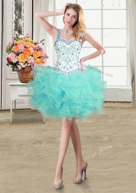 Four Piece Straps Straps Floor Length Lace Up 15th Birthday Dress Aqua Blue and In for Military Ball and Sweet 16 and Quinceanera with Beading and Lace and Ruffles