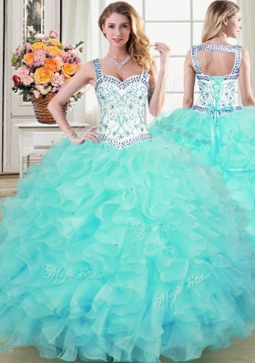 Four Piece Straps Straps Floor Length Lace Up 15th Birthday Dress Aqua Blue and In for Military Ball and Sweet 16 and Quinceanera with Beading and Lace and Ruffles