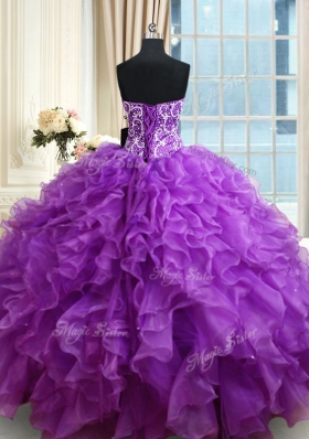 Glamorous Purple Sweetheart Neckline Beading and Ruffles Quinceanera Gowns Sleeveless Lace Up