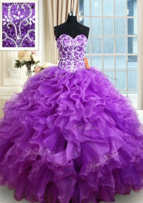 Glamorous Purple Sweetheart Neckline Beading and Ruffles Quinceanera Gowns Sleeveless Lace Up