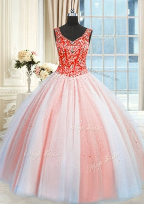 Glamorous Sequins Floor Length Multi-color 15th Birthday Dress V-neck Sleeveless Lace Up