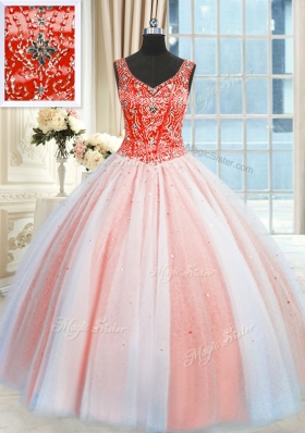 Glamorous Sequins Floor Length Multi-color 15th Birthday Dress V-neck Sleeveless Lace Up