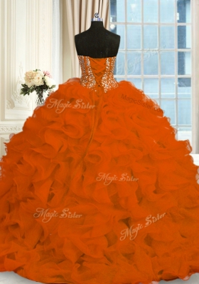 Glittering Red Sweetheart Neckline Beading and Ruffles Quince Ball Gowns Sleeveless Lace Up
