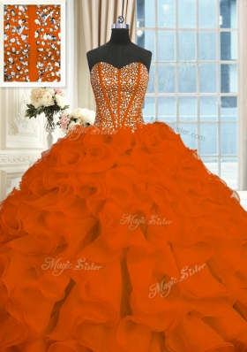 Glittering Red Sweetheart Neckline Beading and Ruffles Quince Ball Gowns Sleeveless Lace Up
