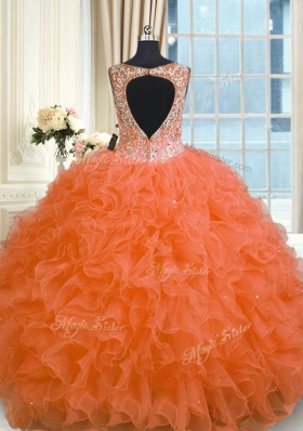 Graceful Orange Red V-neck Neckline Beading and Ruffles Sweet 16 Quinceanera Dress Sleeveless Zipper