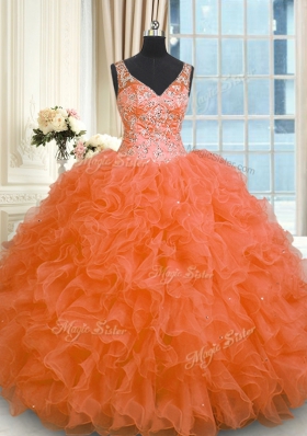 Graceful Orange Red V-neck Neckline Beading and Ruffles Sweet 16 Quinceanera Dress Sleeveless Zipper