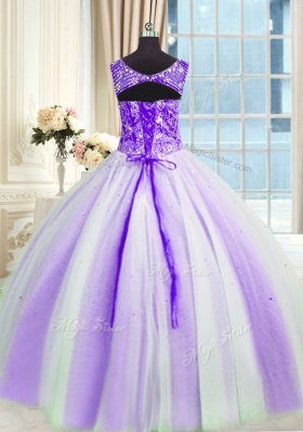 Graceful White And Purple Tulle Lace Up Quinceanera Gowns Sleeveless Floor Length Beading and Sequins