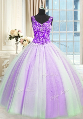 Graceful White And Purple Tulle Lace Up Quinceanera Gowns Sleeveless Floor Length Beading and Sequins