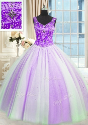 Graceful White And Purple Tulle Lace Up Quinceanera Gowns Sleeveless Floor Length Beading and Sequins