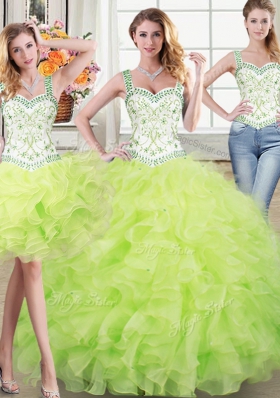 High End Three Piece Yellow Green Ball Gowns Straps Sleeveless Organza Floor Length Lace Up Beading and Lace and Ruffles Quinceanera Gown
