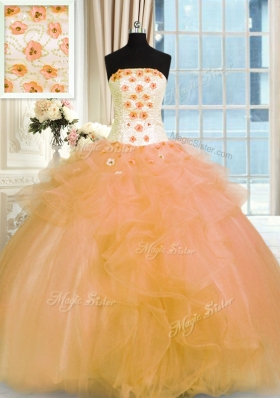 Hot Sale Sleeveless Tulle Floor Length Lace Up Sweet 16 Dresses in Gold for with Hand Made Flower