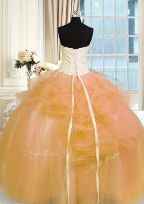 Hot Sale Sleeveless Tulle Floor Length Lace Up Sweet 16 Dresses in Gold for with Hand Made Flower