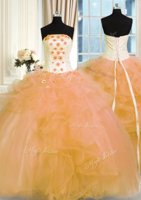 Hot Sale Sleeveless Tulle Floor Length Lace Up Sweet 16 Dresses in Gold for with Hand Made Flower