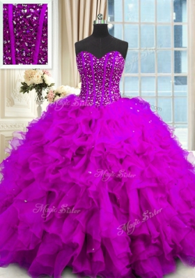 Inexpensive Sequins Sweetheart Sleeveless Lace Up Quinceanera Gown Purple Organza