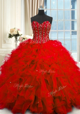 Most Popular Organza Sweetheart Sleeveless Lace Up Beading and Ruffles and Sequins 15 Quinceanera Dress in Red