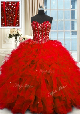 Most Popular Organza Sweetheart Sleeveless Lace Up Beading and Ruffles and Sequins 15 Quinceanera Dress in Red