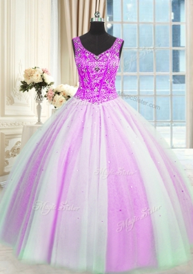 Multi-color Ball Gowns Beading and Sequins Ball Gown Prom Dress Lace Up Tulle Sleeveless Floor Length
