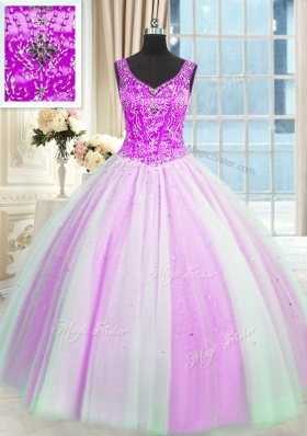 Multi-color Ball Gowns Beading and Sequins Ball Gown Prom Dress Lace Up Tulle Sleeveless Floor Length