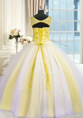 Multi-color Ball Gowns V-neck Sleeveless Tulle Floor Length Lace Up Beading and Sequins 15th Birthday Dress