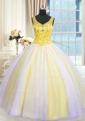 Multi-color Ball Gowns V-neck Sleeveless Tulle Floor Length Lace Up Beading and Sequins 15th Birthday Dress