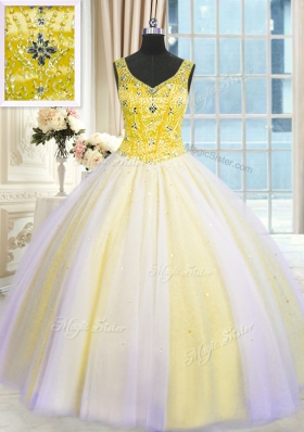 Multi-color Ball Gowns V-neck Sleeveless Tulle Floor Length Lace Up Beading and Sequins 15th Birthday Dress