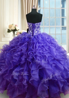 Noble Purple Sleeveless Organza Lace Up Vestidos de Quinceanera for Military Ball and Sweet 16 and Quinceanera
