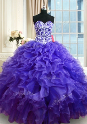 Noble Purple Sleeveless Organza Lace Up Vestidos de Quinceanera for Military Ball and Sweet 16 and Quinceanera