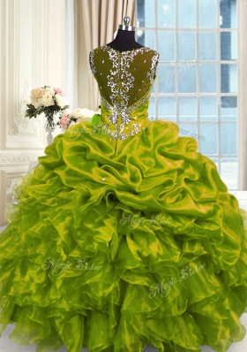 Olive Green Ball Gowns Beading 15 Quinceanera Dress Lace Up Organza Sleeveless Floor Length