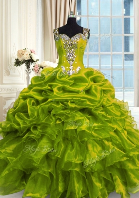 Olive Green Ball Gowns Beading 15 Quinceanera Dress Lace Up Organza Sleeveless Floor Length