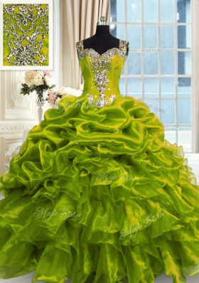 Olive Green Ball Gowns Beading 15 Quinceanera Dress Lace Up Organza Sleeveless Floor Length